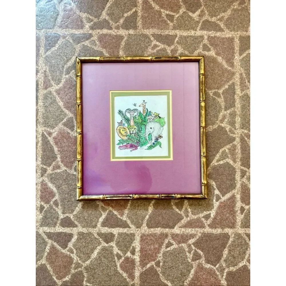 Vintage Framed Wildlife Drawing Zoo Zebra Lion Giraffe Watercolor